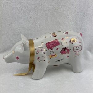 Benefit Cosmetics White Piggy Bank with Gold Ribbon 12”